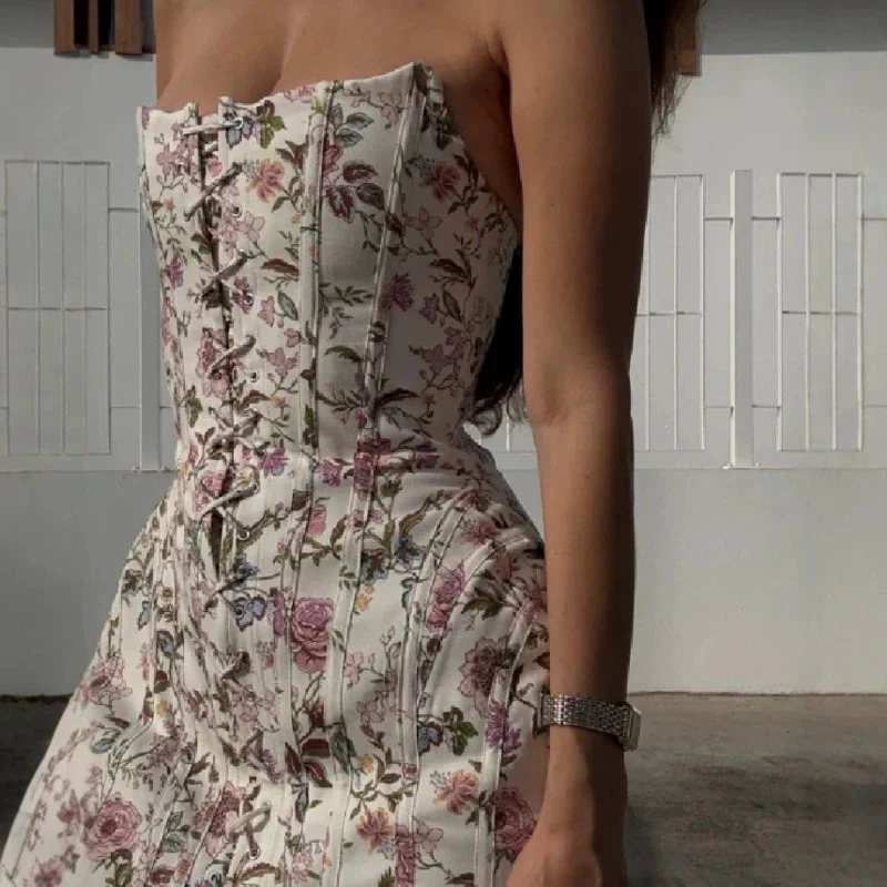 Floral Corset Dress Women Strapless, Bodycon Mini Dress Lace Up, Bustier Sexy Summer Party Clubwear, Vintage Fashion Outfit 1Pc