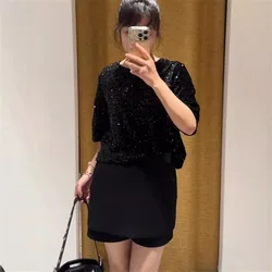 Black sequined T-shirt with fashionable design sense, short and versatile top, French niche, 2024 autumn new women's clothing