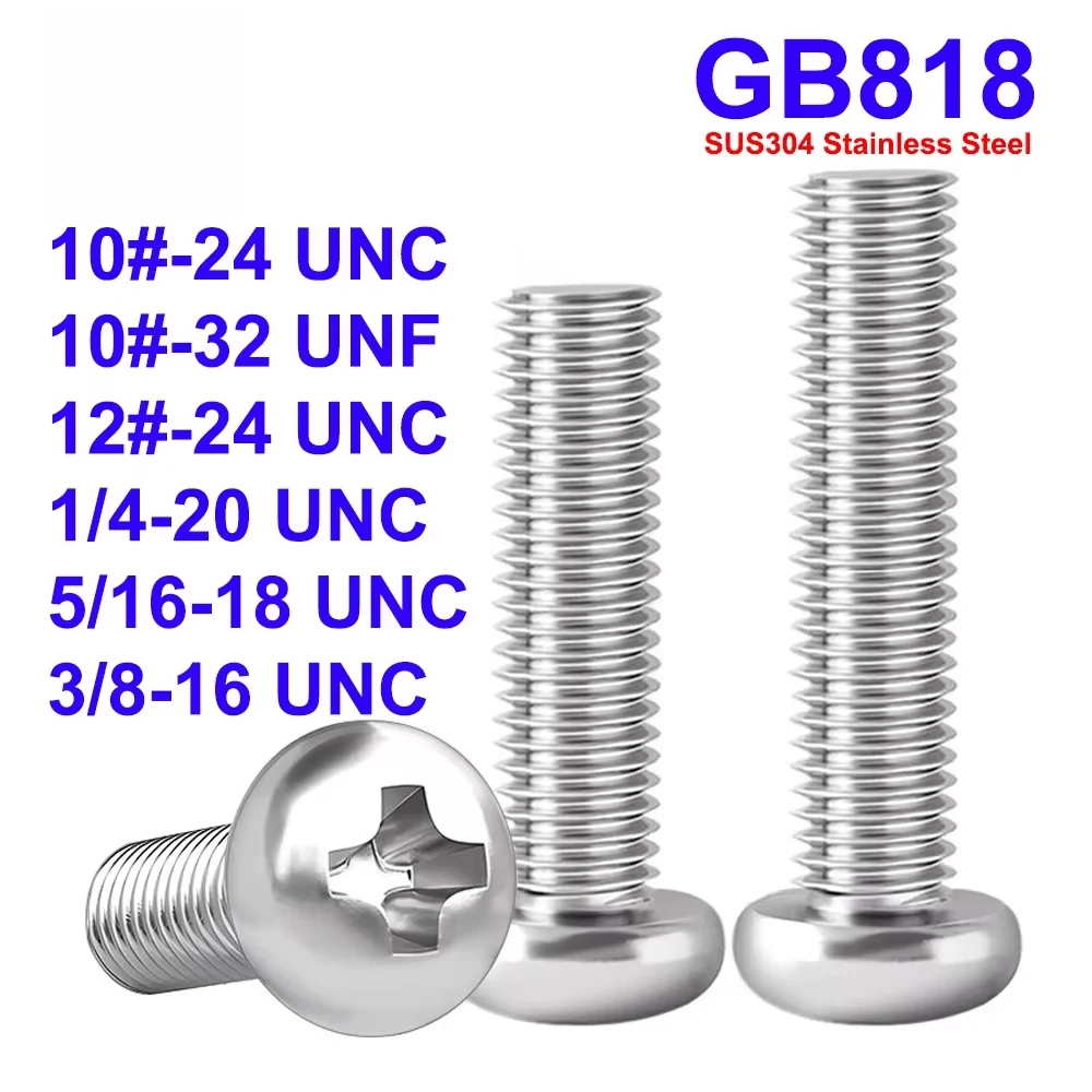 GB818 10# 12# 1/4'' 5/16'' 3/8'' UNC UNF SUS304 Stainless Steel Cross Recessed Pan Head Phillips Screws Machine Bolts