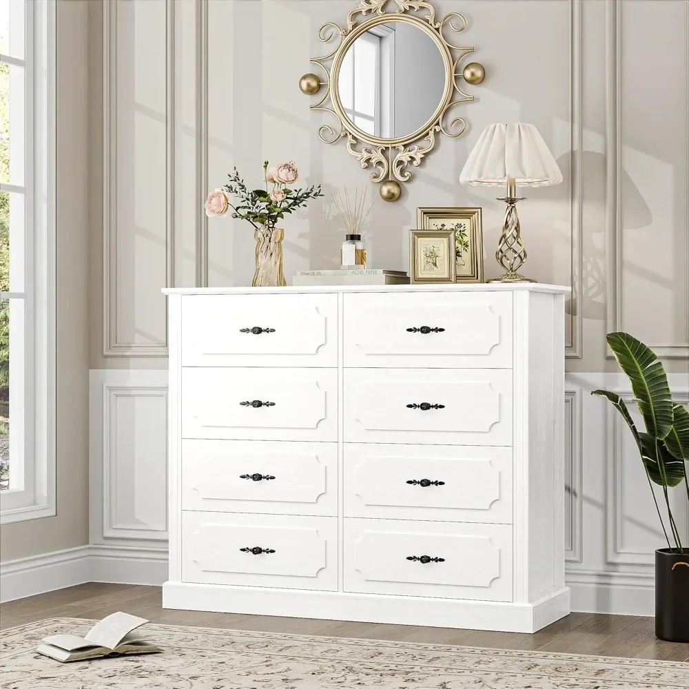 Dresser Chest of Drawers, Wood Dresser 8 Drawer with Steel Handles, Modern Dresser Drawers Floor Storage Cabinet for Living Room