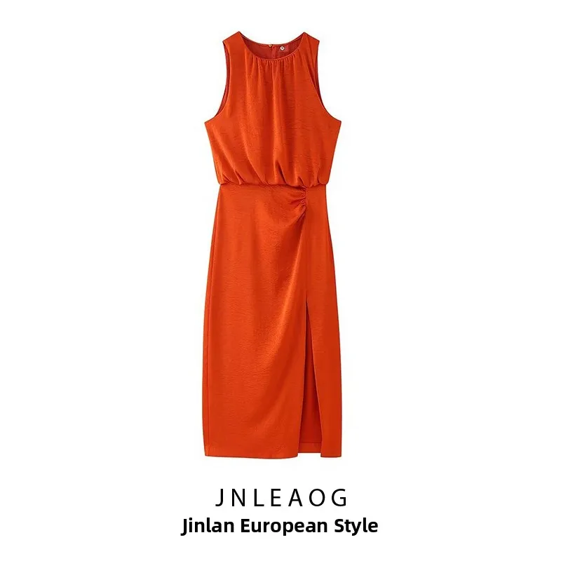 JNLEAOG Spring New Sle Women's Midi Dr Silk Satin Texture Pleated Decoration High Waist Straight Tube Summer Dr
