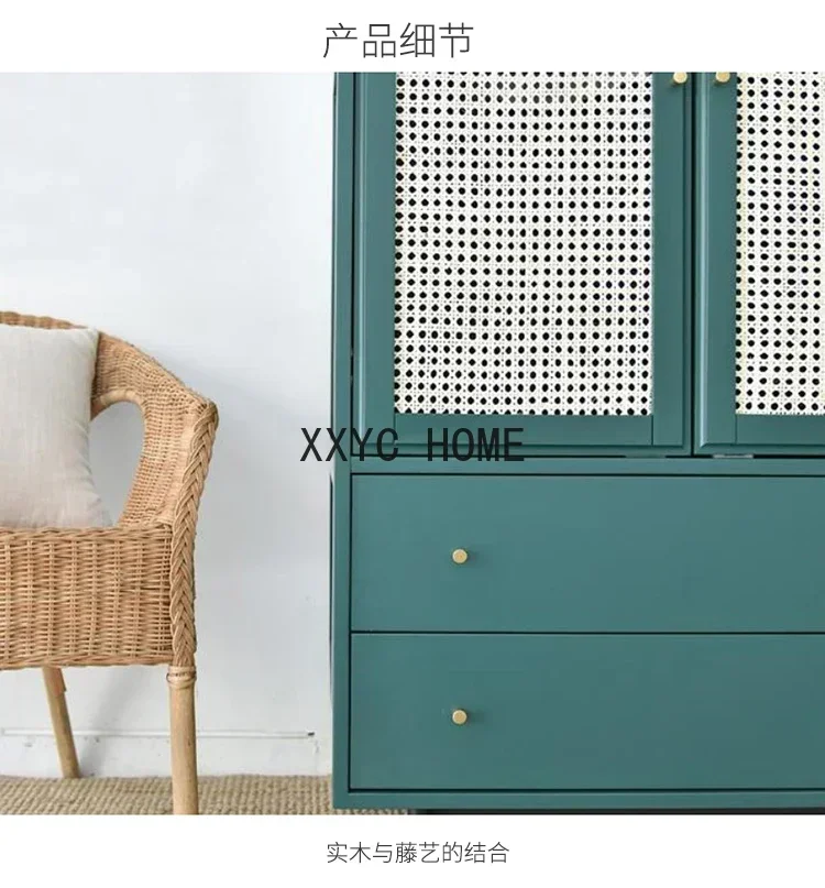 Nordic Rattan Solid Wood Drawer Storage Cabinet Double Door Wardrobe Light Luxury Storage Wardrobe