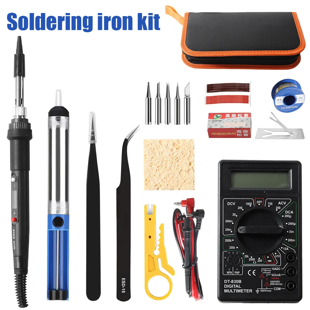 80W UK Plug Electric Soldering Iron Kit Digital Temperature Adjustable Welding Tool Solder Tin With Iron Tips Repair Tools