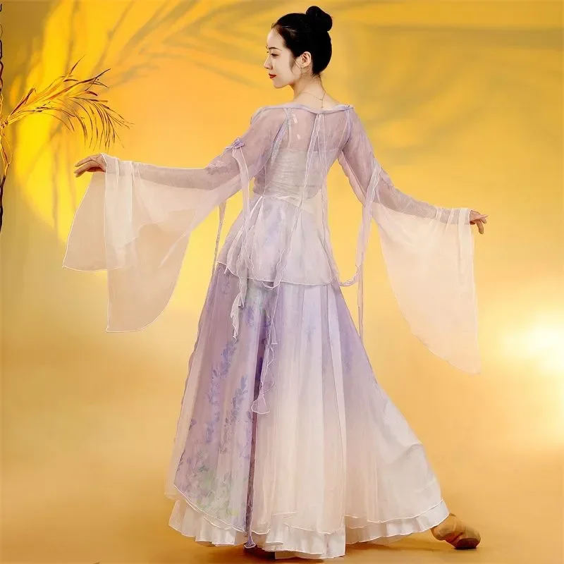 Estilo chinês dança folclórica clássico dançarino trajes de desempenho elegante cardigan prática roupas corpo rima longa gaze exterior