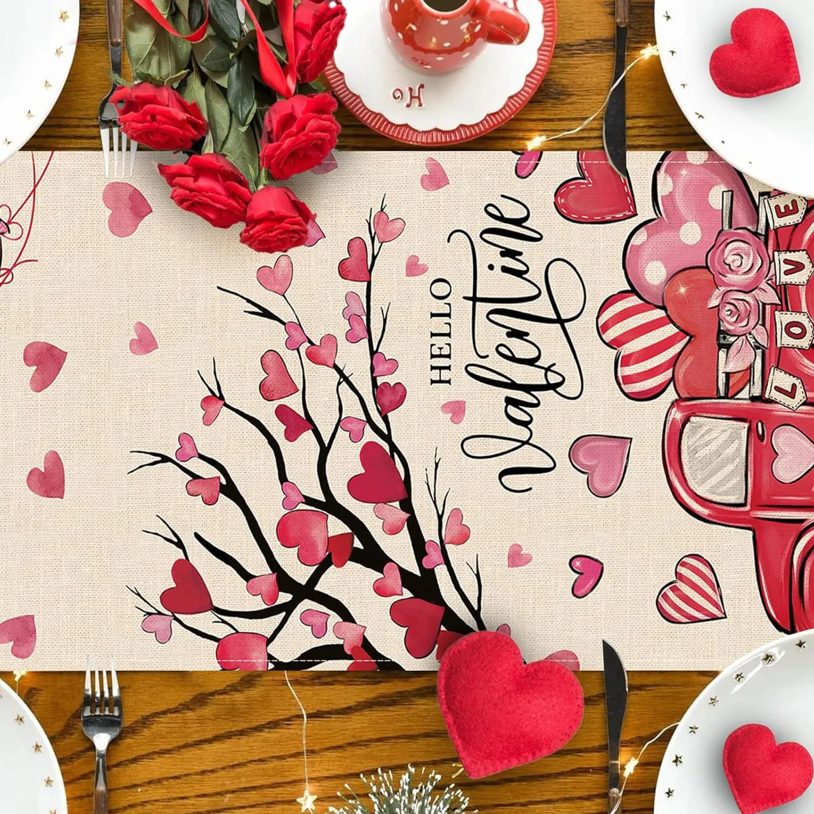 Valentine\'S Day Love Heart Linen Table Runners Dresser Scarves Decor Reusable Kitchen Dining Table Runner Party Decoration