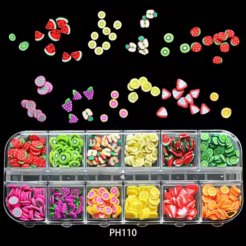 12-Grid 3D Kawaii Fruit Slice Nail Art DIY Design Decoration Polymer Clay Strawberry Slices Glitter Manicure Accesorios HJ&amp;01