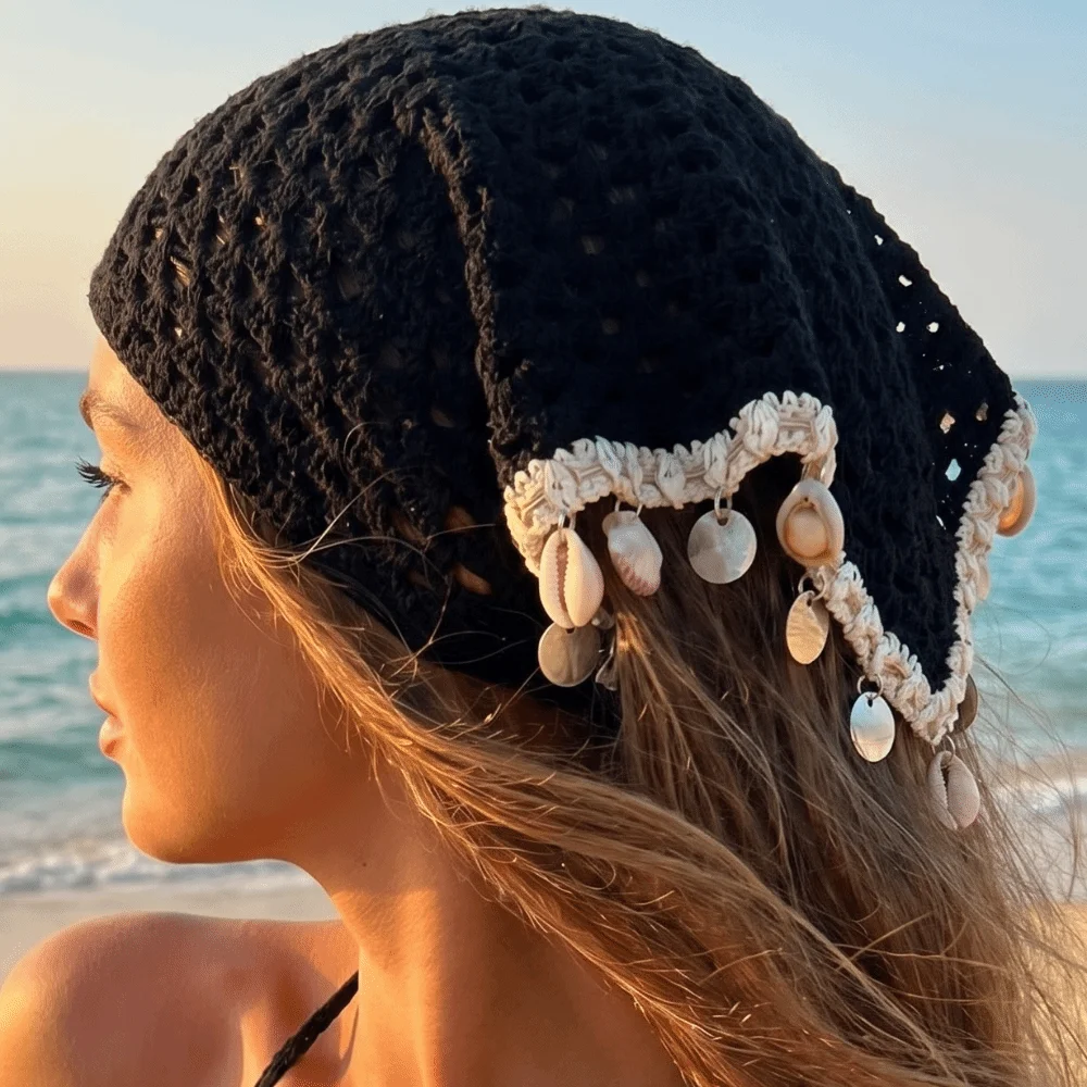 Seashell Tassel Triangle Scarf Headband Ethnic Forest Style Crochet Head Wrap Elegant Soft Hollow Out Headscarf Daily Wear view 4