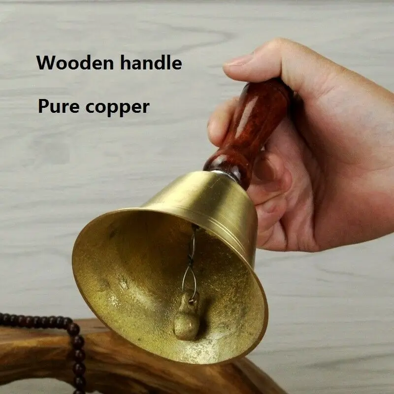 ✅Pure Copper Brass Wooden Handle Rattle Bell School Class Dinner Hand Bell Handbell 16cm Reception Bell Decor Buddhist Hall