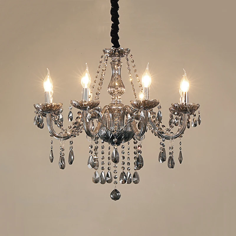 French Style Smoke Gray Room Living Room Crystal Chandelier European Retro Villa Hotel Corridor Decoration Led Pendent Lamps