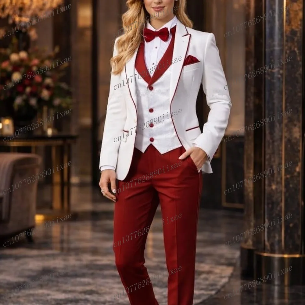 

White And Red Women Suits Lady Business Tuxedos Mother Wedding Party Formal Ladies 3 Piece Set Jacket Vest Pants