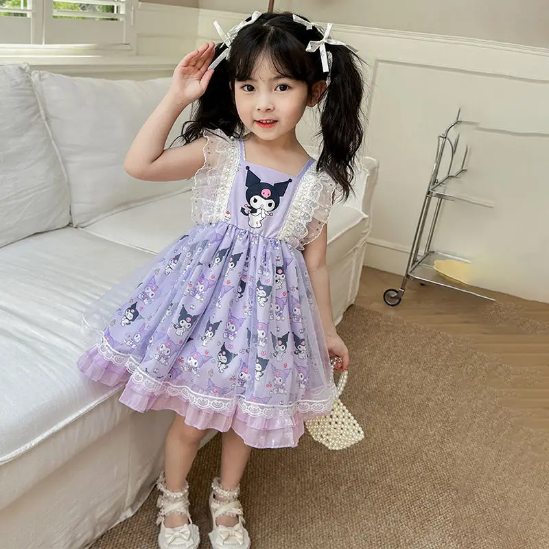 Fashion Summer Sanrio Baby Girls Dress 2024 New Kids Kuromi MyMelody Lace Short Sleeved Princess Dresses Children Party Costumes