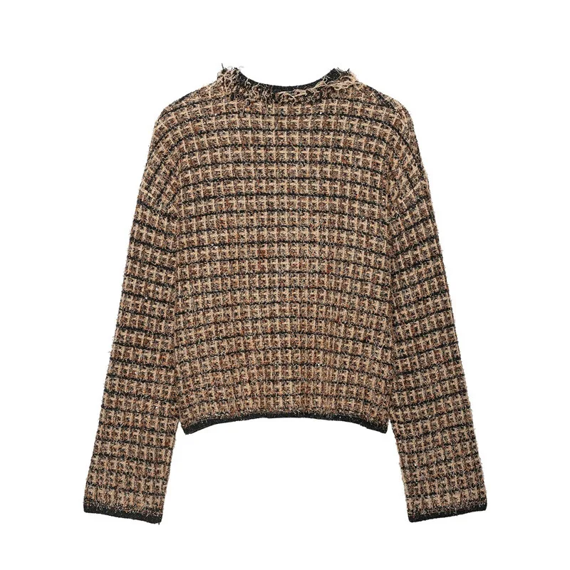 NINE ZAR Women's Metal Color Knitted Short Open Cardigan Jacket with Frayed Edges Long Sleeve Short Length Button Closure