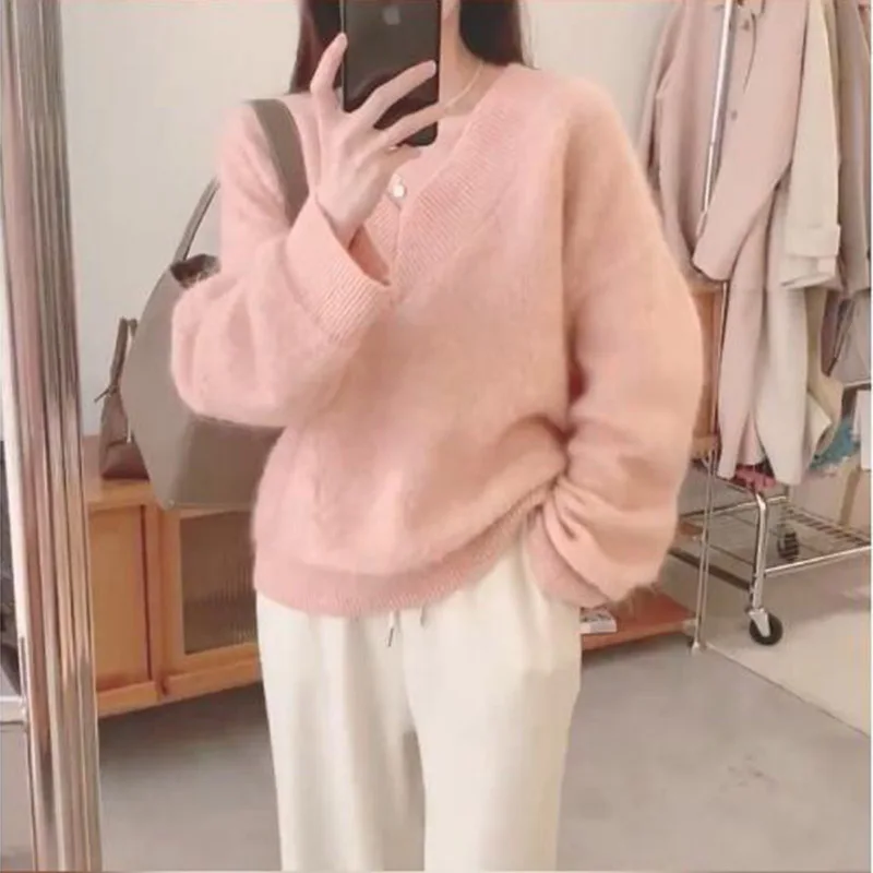 Lazy Style Yellow Soft Mohair Knitted Loose Sweaters Tops New Fall Winter Women Long Sleeve V Neck Thick Warm Oversize Pullovers