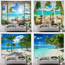 Beach Decor Tapestry Ocean Sea Tropical Island Palm Tree Scenic View From Balcony Summer Tropical Scenery Wall Hanging Tapestry