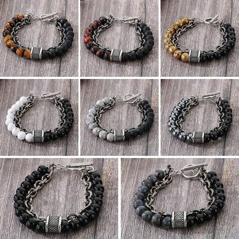 

Stainless Steel Beads Bracelet for Men Vintage Double Chain Tiger Eye Stone Agate Beads Charm Strings Trendy Jewelry Accessories