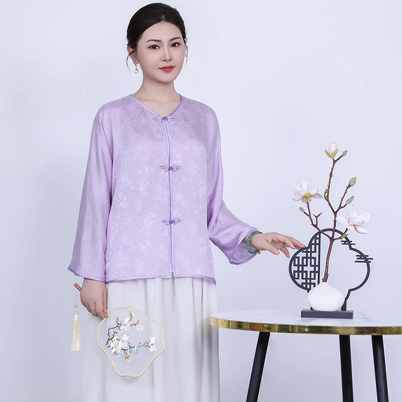 

Новинка 2025, осенний шелковый солнцезащитный открытый кардиган, свободный винтажный китайский топ High End Sensation, женский длинный свеч V-Ne