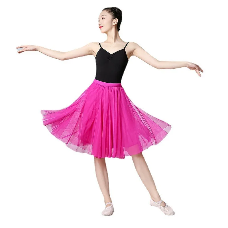 กระโปรงยาวทรงเอ สีแดง สำหรับเต้นรำ ทรงเอไลน์ ช่วยพรางหุ่น กระโปรงสีม่วงหรือสีชมพูหวาน ผ้าโพลีเอสเตอร์