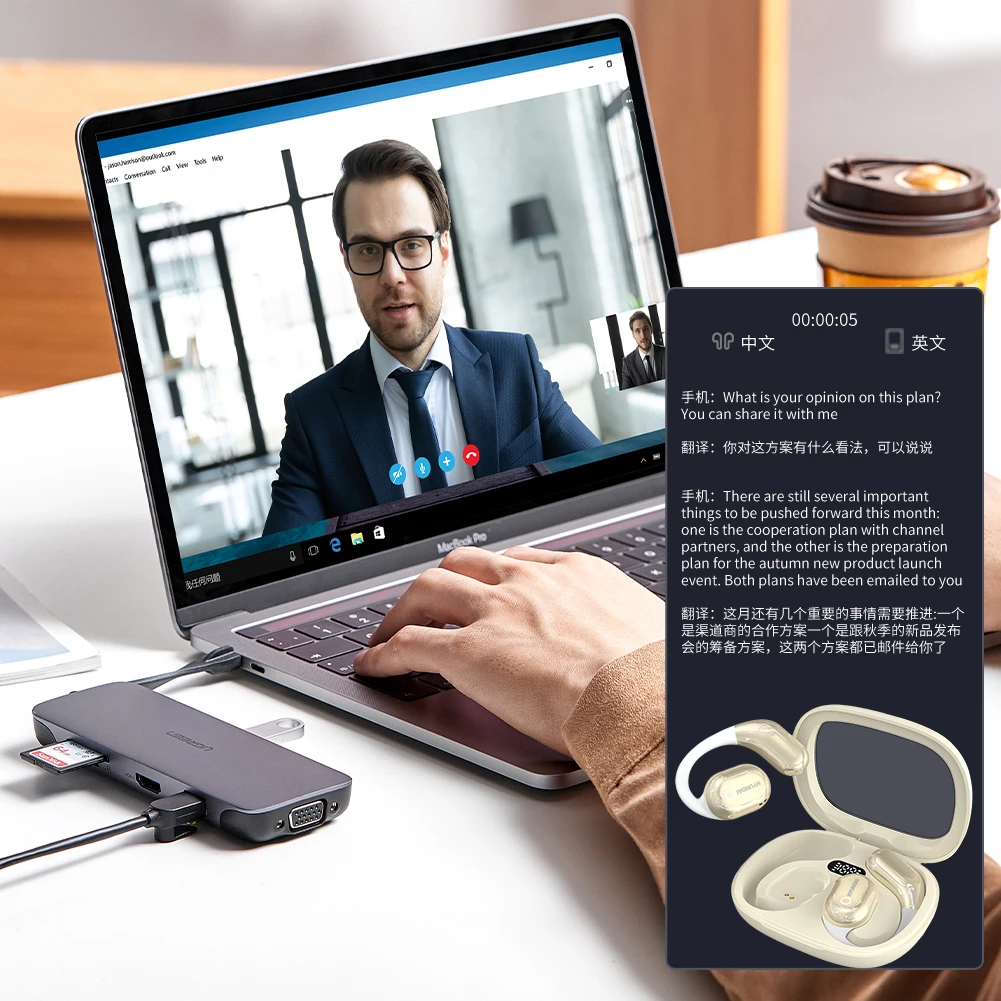 AIリアルタイム双方向イヤフォン,翻訳デバイス,AndroidおよびiOS用の翻訳イヤフォン,Bluetooth互換,144言語,5.4