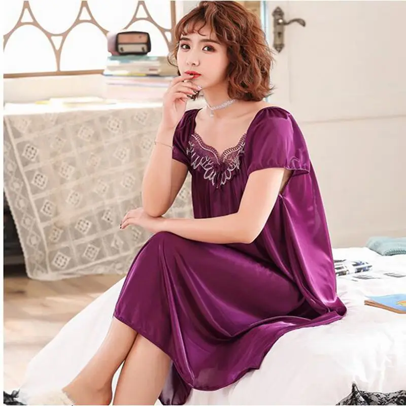 Women\'s Summer Ice Silk Nightdress Short Sleeve Crew Neck Lace Sexy Sleep Dress Sleepwear Nightgown Sleepshirt Loungewear Nighty