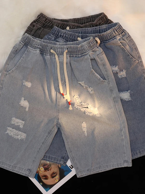 

Мужские повседневные летние джинсы свободного кроя с прямым силуэтом, эластичным поясом, рваные, длиной до колена, молодежный тренд