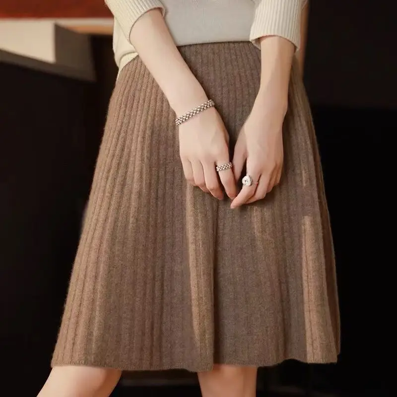 

Solid Color Knitted Pleated Skirt Women Autumn Winter Sexy Short Mini Skirt Elastic High Waist Work Party Skirts