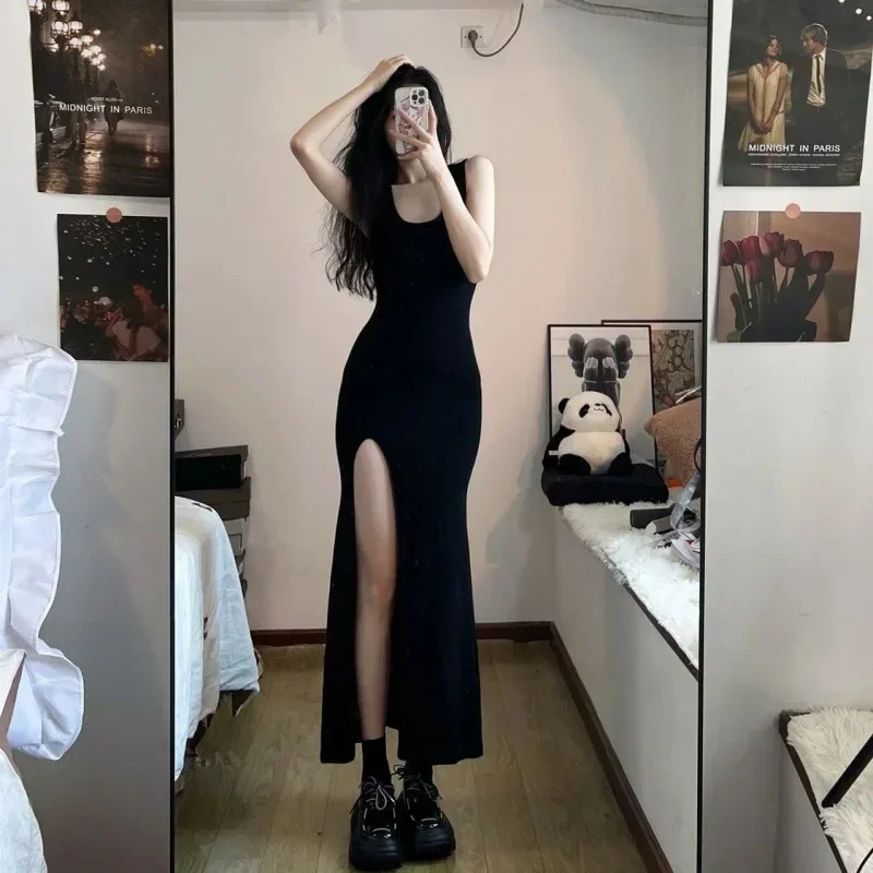 

Black Sleeveless Dress Women Korean Fashion Style Side Slit Irregular Midi Sexy Sheath Solid Elegant Chic Summer Платье Y2k