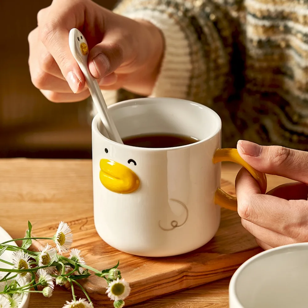 Weird Card Duck Mark Cup Big Mouth Ceramic Water Simple Cute Coffe Cups Mug with Spoon Christmas Gifts for Kid Drinkware