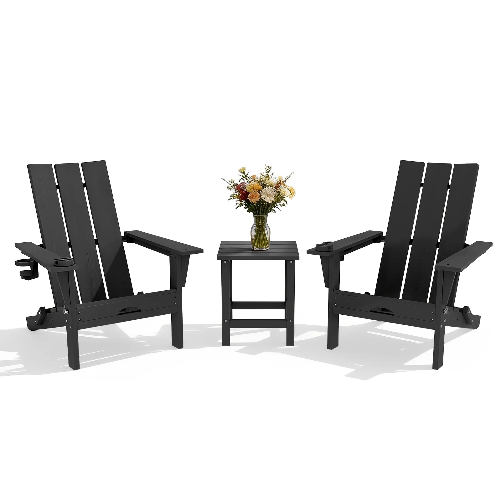 3pcs Folding Adirondack Chairs Set, All-Weather HDPE Outdoor