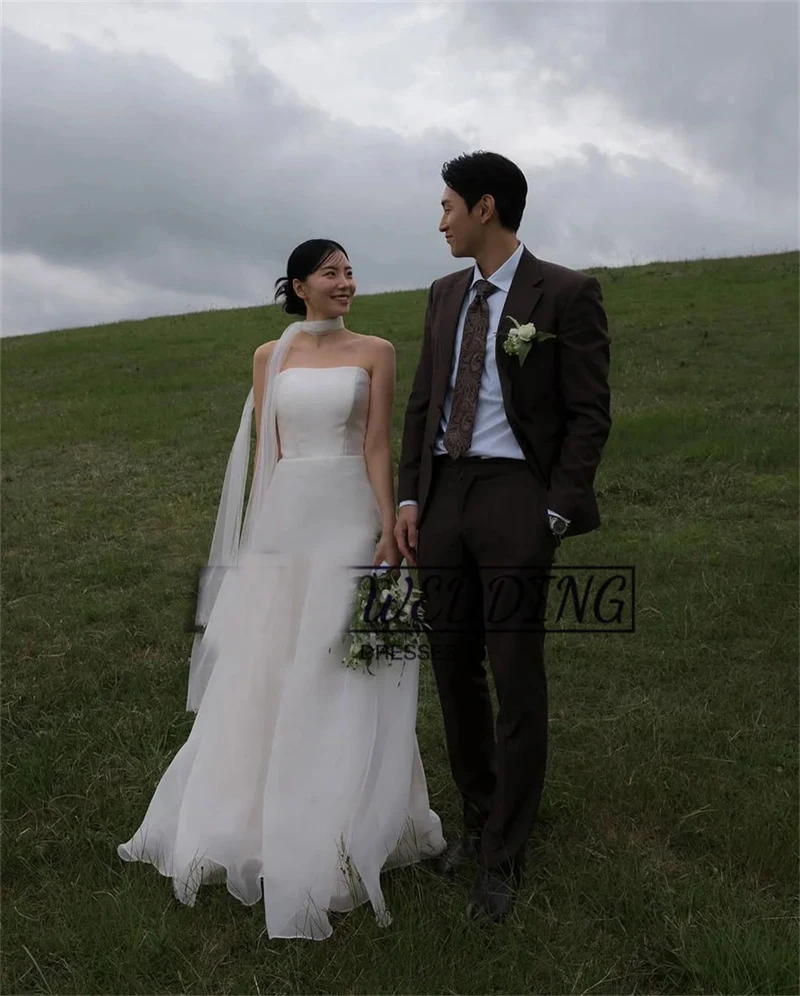 

BOMP Simple Strapless Korea Wedding Dresses Photos Shoot A Line Silk Organza Dresses Customized Corset Bride Reception Gowns