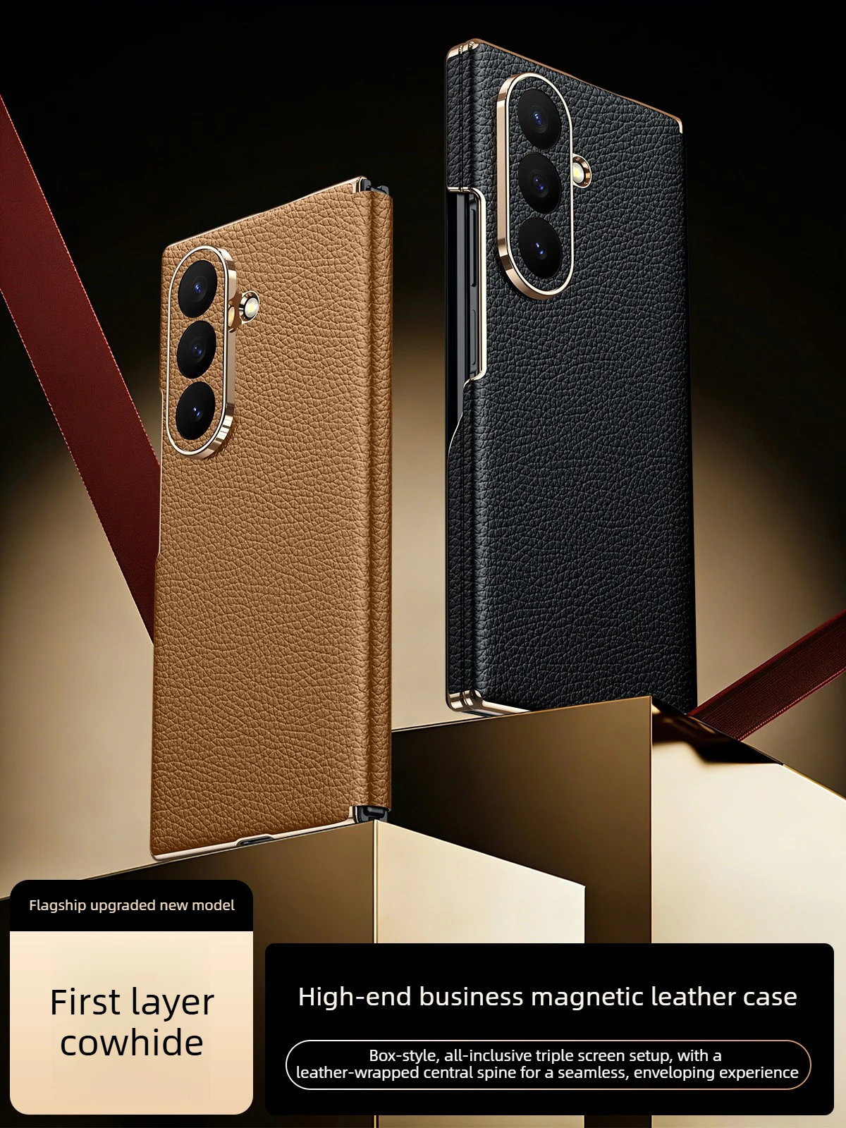 

Luxury Genuine Leather Phone Case for Samsung Galaxy Z TriFold Case Double Middle Axis Full Coverage Magnetic Flip Leather Case