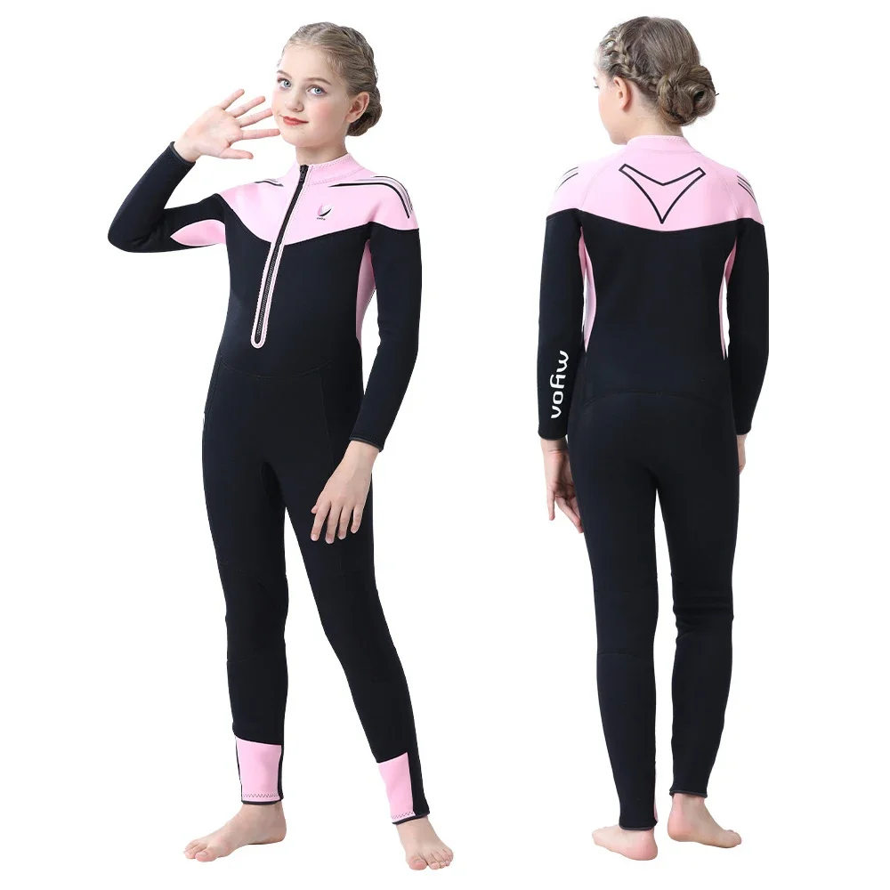 Children\'s One-piece Diving Suit Girl\'s 3mm Neoprene Plush Warm Long Sleeve Swimsuit Boy\'s Front Zipper Swimming Surfing Wetsuit