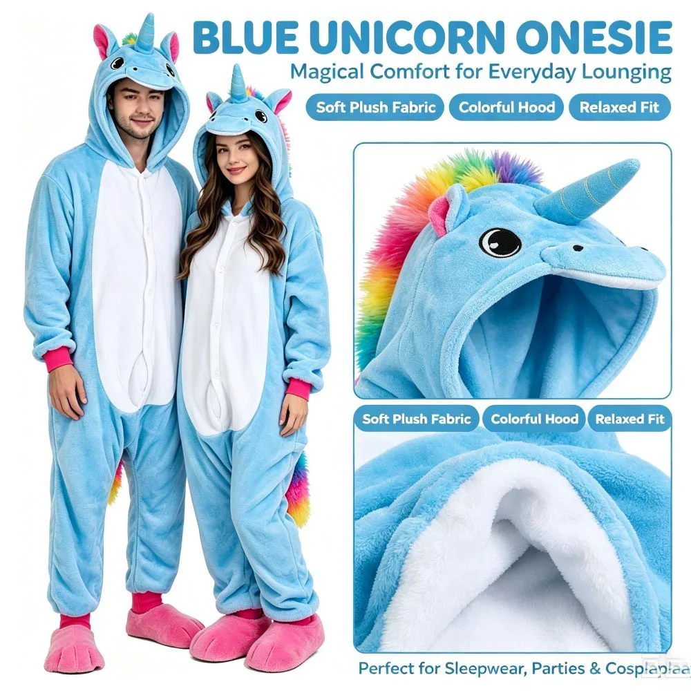 Unicorn Kigurumi Pajamas Adults One Piece Hooded Jumpsuits Winter Warm Flannel Sleepwear Nigjtwear Soft Cozy Couples Pyjamas