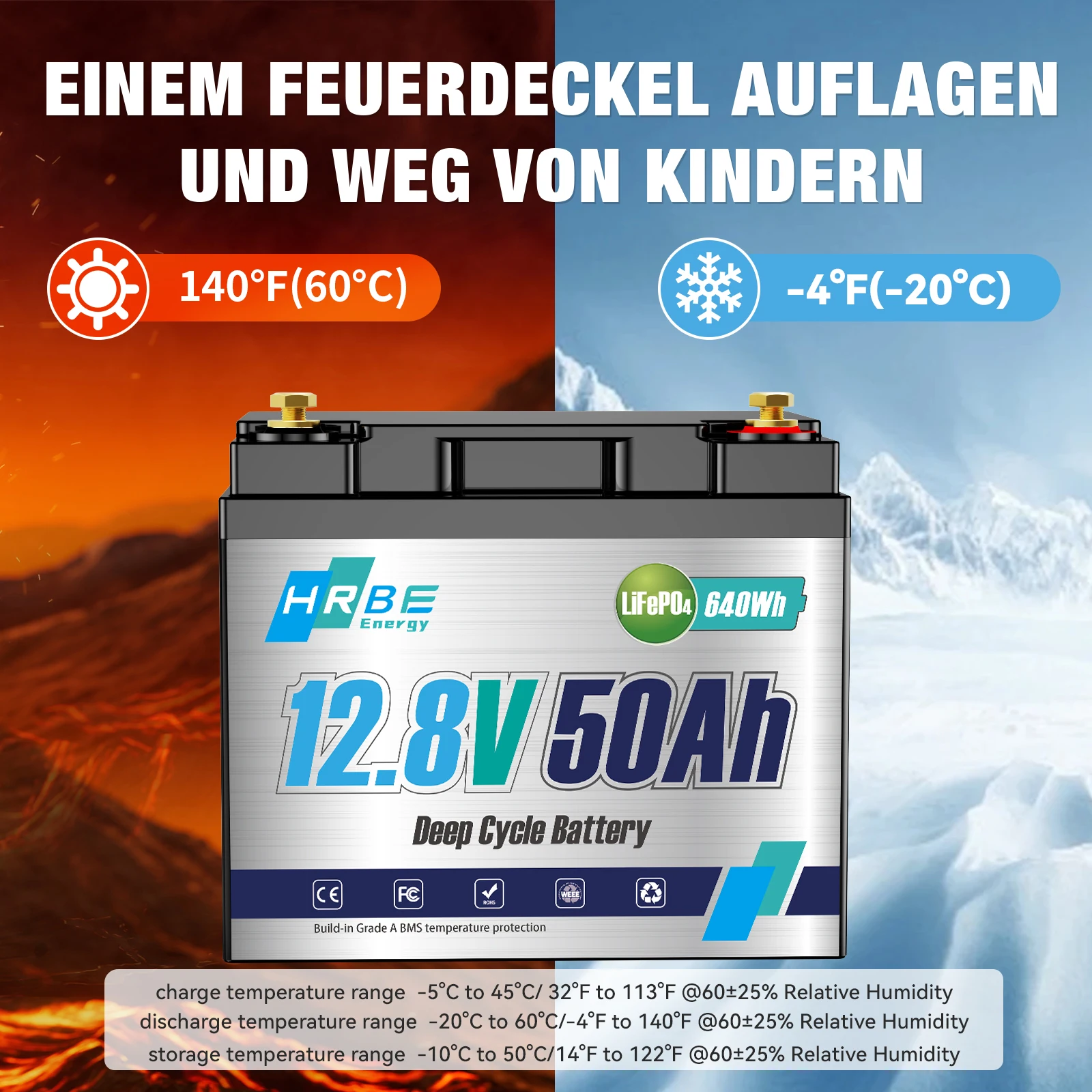 HRBEEnergy 12V 50AH LiFePO4 Lithium Battery Pack 50A BMS 4000+Cycle For Home Energy, RV, Trolling Motor, Marine, Solar, Off-Grid