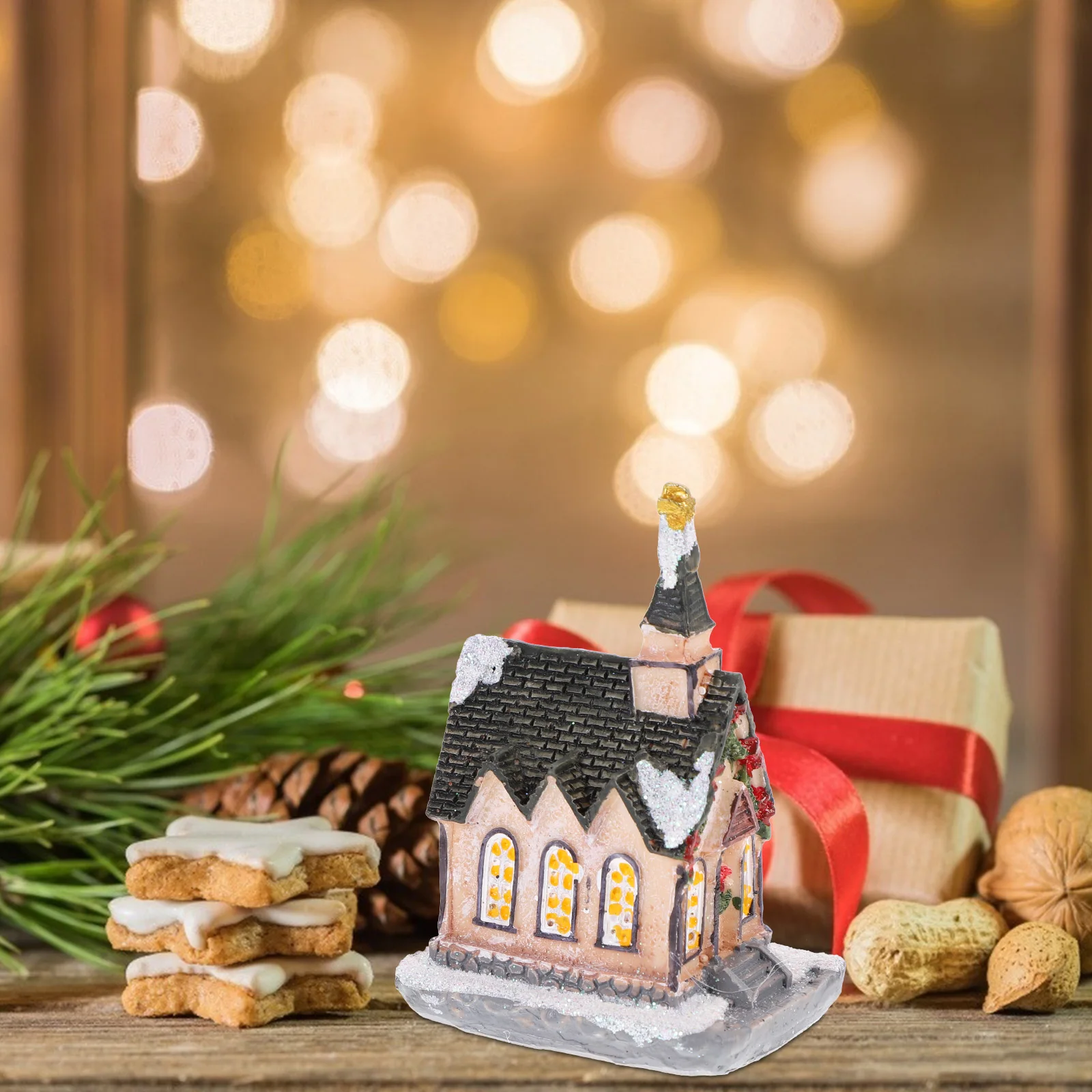 

2 Pcs Glowing Little House Micro Decoration Christmas Tree Ornament Shine Mini Resin Decorations
