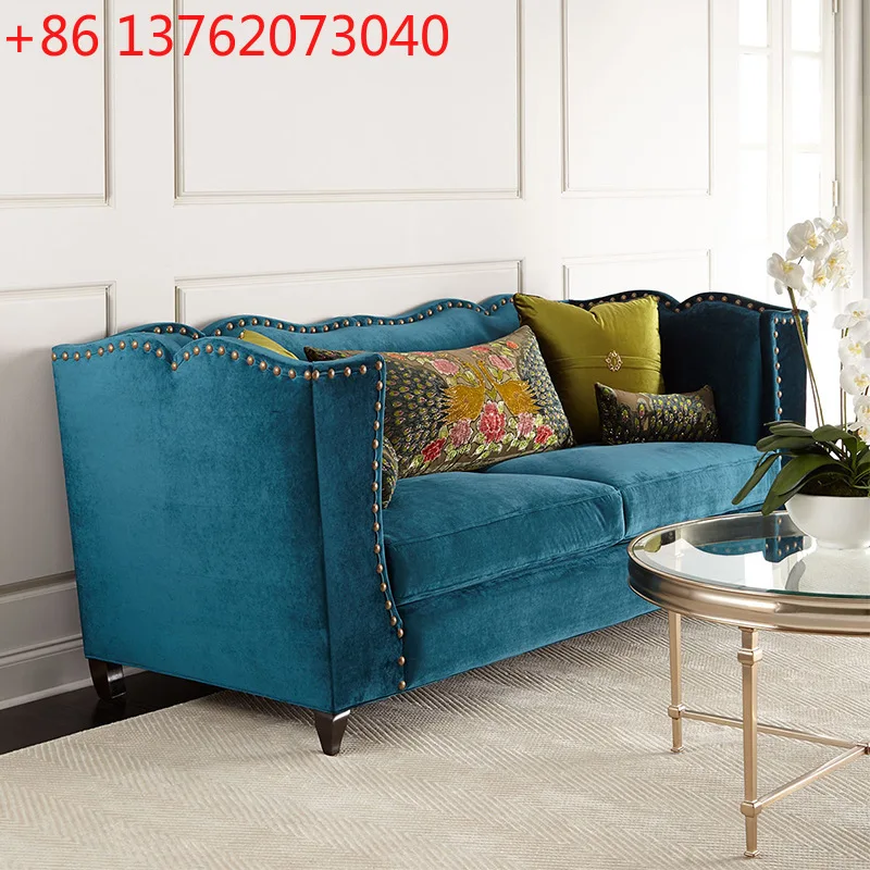 American country blue flannel soft bag sofa European simple small apartment living room fabric three-person sofa wholesale