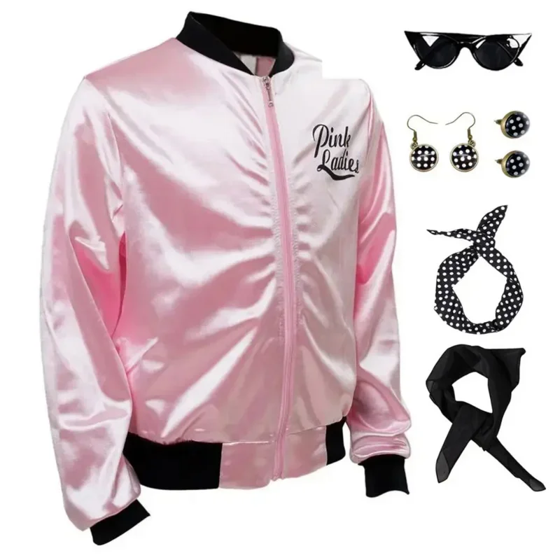 Cosplay Pink Ladies Grease Costume Retro Jacket Fancy Cheerleader Adult Women Girls Pink Autumn Coat Halloween Party Suit MN7