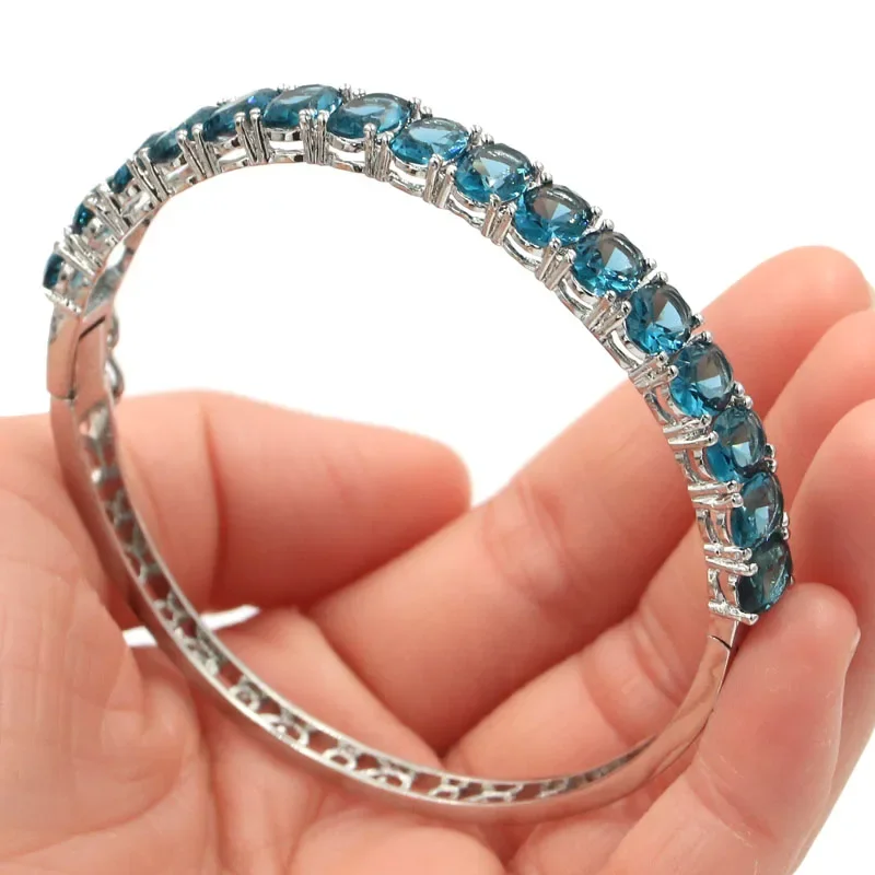 

8x6mm Highly Recommend 16g London Blue Topaz Women Present Silver Bangle Bracelet 8.5"