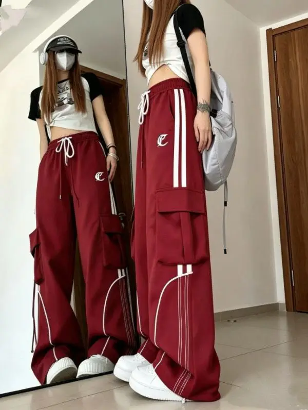 Casual High-Waisted Women's Cargo Pants Spring Summer Drapey Floor-Length Drawstring Hip Hop Wide Leg Sports Trousers