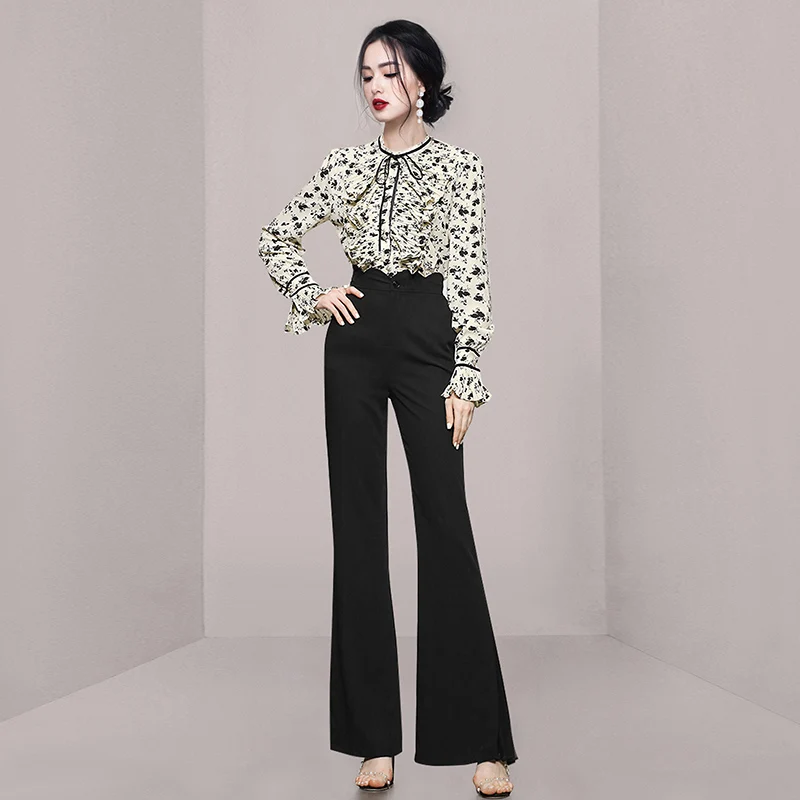 

Elegant Black Floral Print Top And Pants Two-Piece Set Age-Defying Fashionable Autumn Wear for Young Women 18-25 Years Old