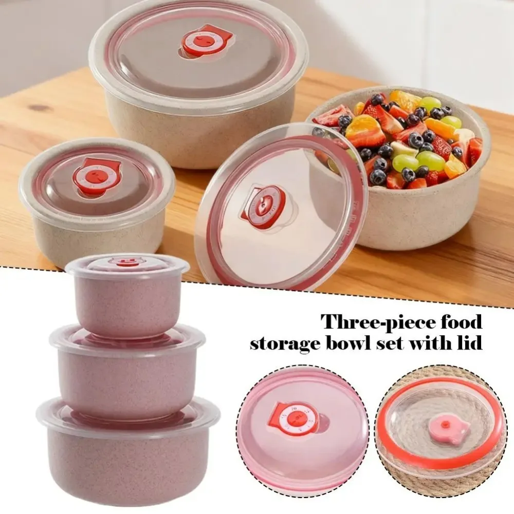 3pcs Wheat straw fresh-keeping bowl three-piece set with lid for home microwaveable plastic round lunch box