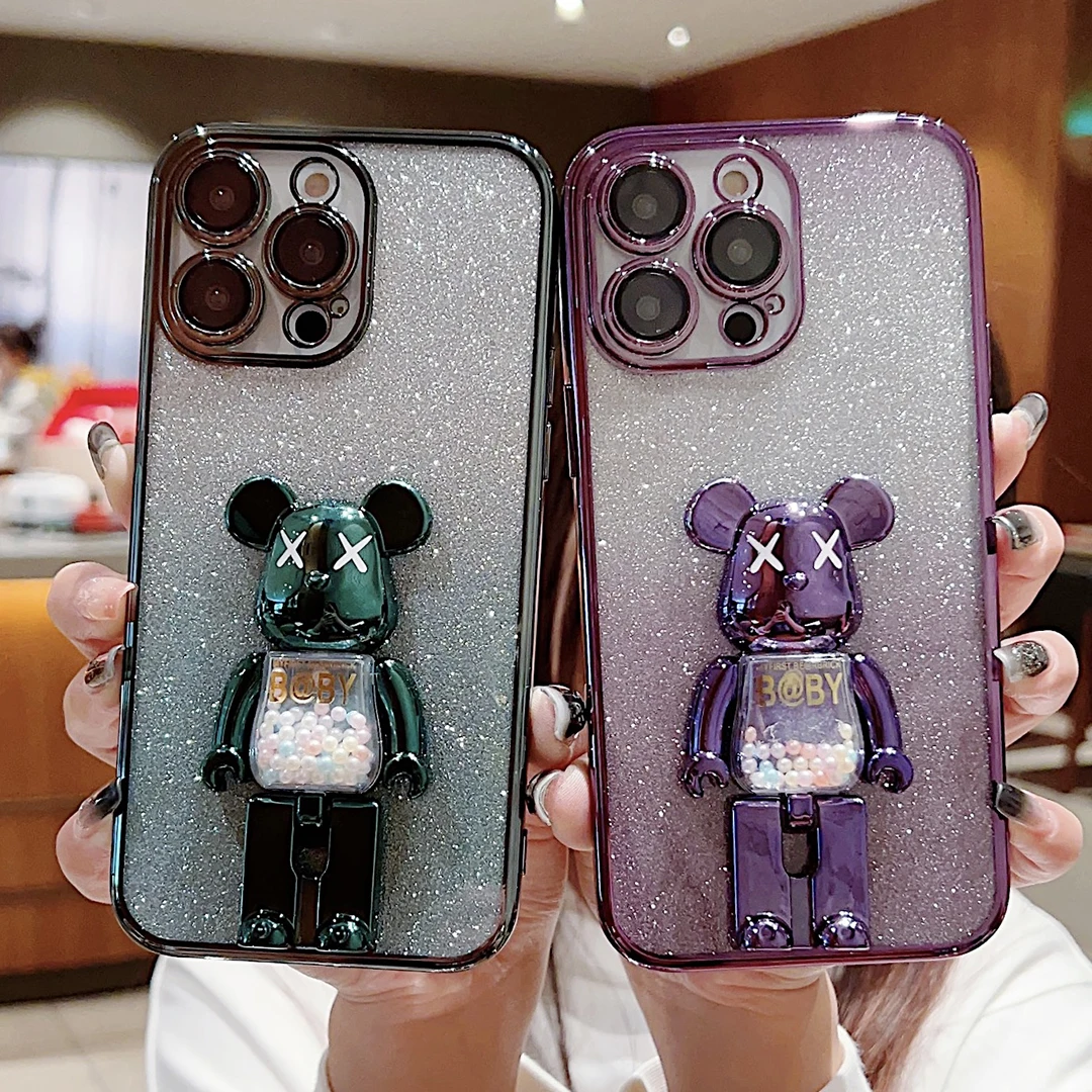 Luxury Plating Candy Bead Bear Holder Case For iphone 15 14 12 11 13 Pro Max X XR 7 8 Plus SE 3 Gradient Glitter Silicone Cover