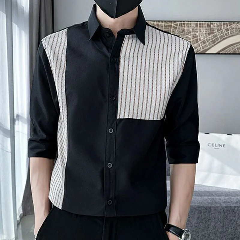 

Fashion Lapel Button Spliced All-match Striped Shirts Men's Clothing 2023 Autumn New Loose Casual Tops Korean Asymmetrical Shirt