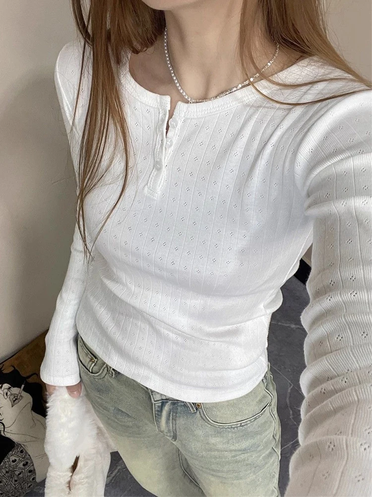

Cotton Jacquard Button Long Sleeve T-shirt Slim Fit Women's Top 2025 Autumn Fashion Casual Long Sleeve Tops