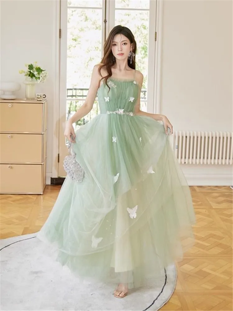 Dress Green Bow Patchwork Halter Long Skirt Temperament Evening Gown Women Clothing M027