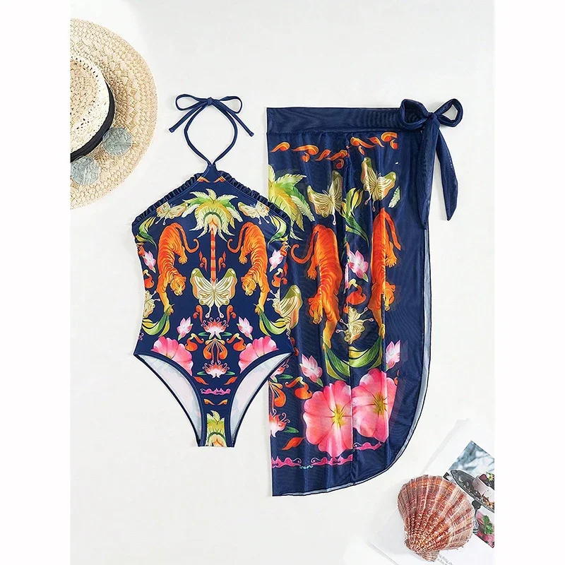 Nuevo traje de baño de una pieza para mujer, conjunto de traje de baño de dos piezas con falda larga y protector solar Retro ajustado y adelgazante