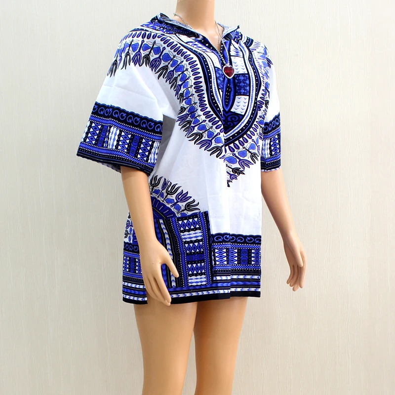 African Dashiki Shirt Unisex Africa Traditional Hoodie Top Clothes 100% COtton White Blue One Size fits All