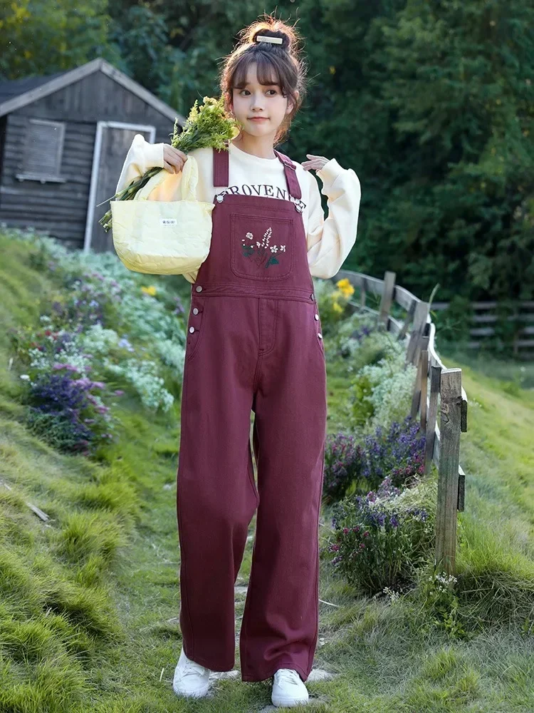 Gagarich Women Pants Autumn Winter New Style Fresh Sweet Embroidery Vintage Denim Japanese Loose Wide Leg Overalls