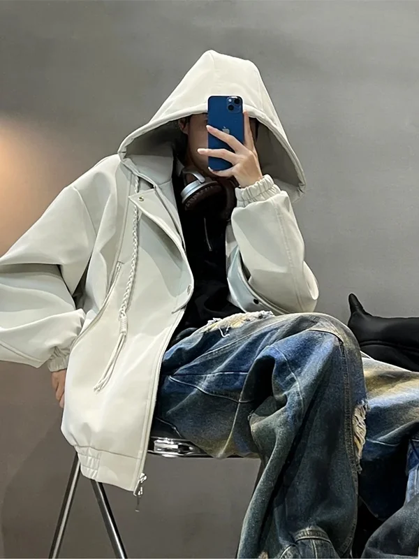 

Американская кожаная куртка оверсайз в стиле High Street для мужчин, повседневная свободная верхняя одежда, осенняя, для пар, стильная, на молнии, с длинными рукавами