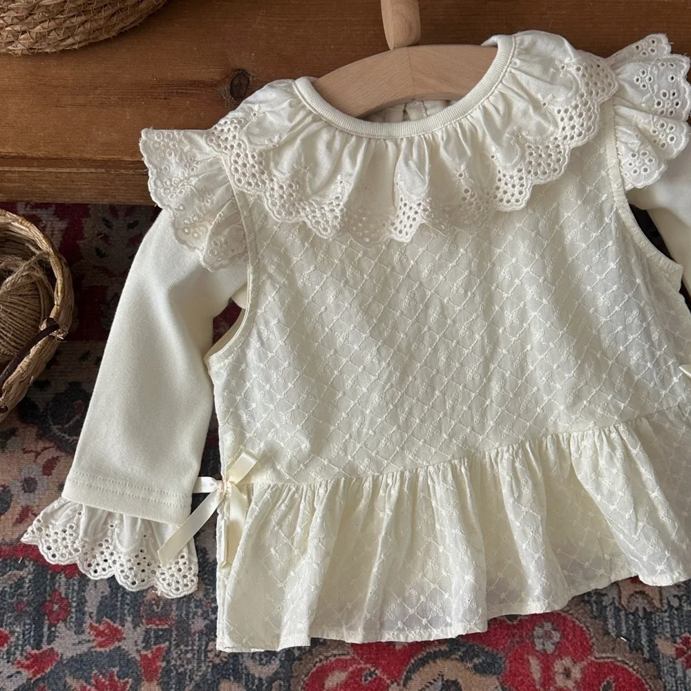 2026 Spring Korean 6M-4Y Baby Girl Apricot Tee Delicate Eyelet Lace on Collar Cuff Jacquard Soft Elegant Princess Baby Clothes