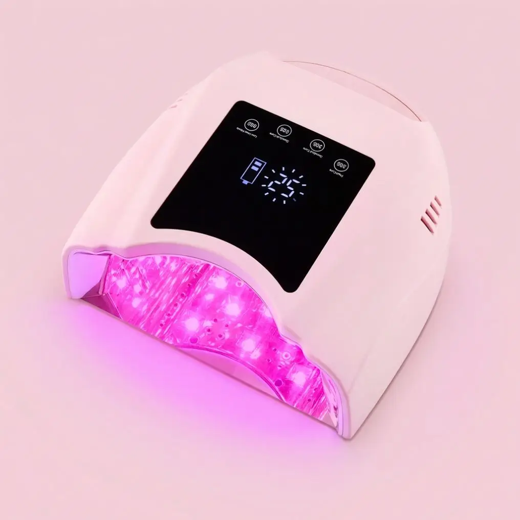 98W cordless professional curing LED matte pink manicure light, 30s flash UV dryer, portable for small manicure tables.